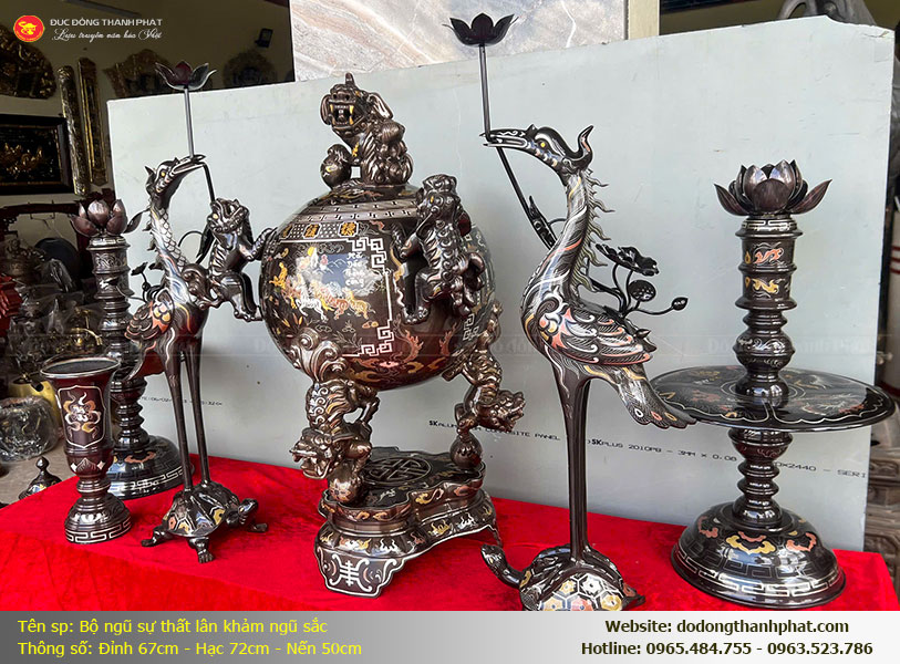 Báo giá bộ ngũ sự bằng đồng đỏ khảm tam khí cao cấp niêm yết tại xưởng Đồ Đồng Thành Phát