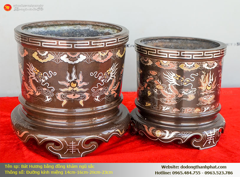 Bát hương khảm ngũ sắc Rồng chầu mặt nguyệt điểm vàng bạc cao cấp