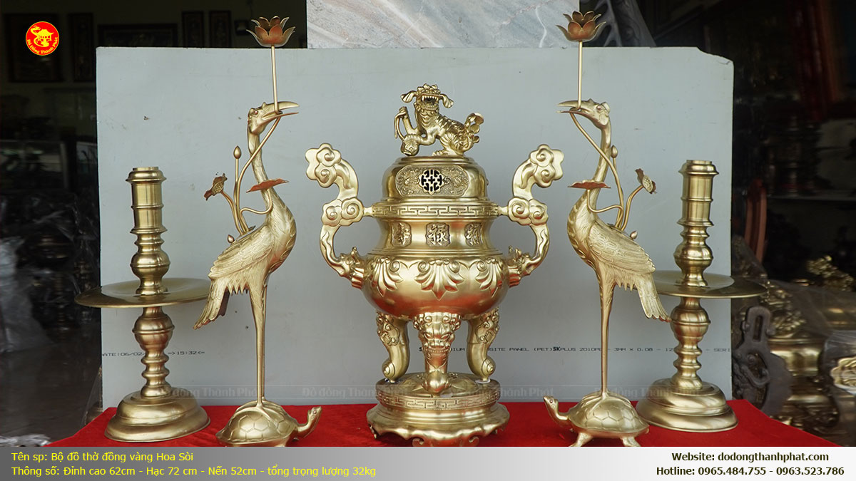 Bộ ngũ sự hoa sòi bằng đồng cao 62cm nặng 32kg đúc thủ công tinh xảo