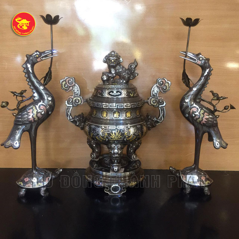 Bộ tam sự đỉnh hạc bằng đồng khảm tam khí cao 40 cm