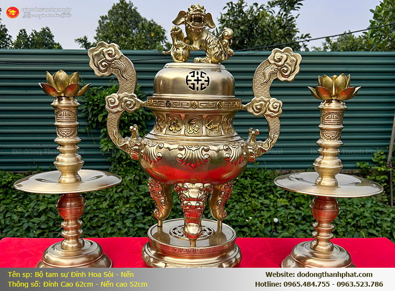 Bộ tam sự hoa sòi bằng đồng Catut cao 62cm nặng 26kg đúc thủ công tinh xảo