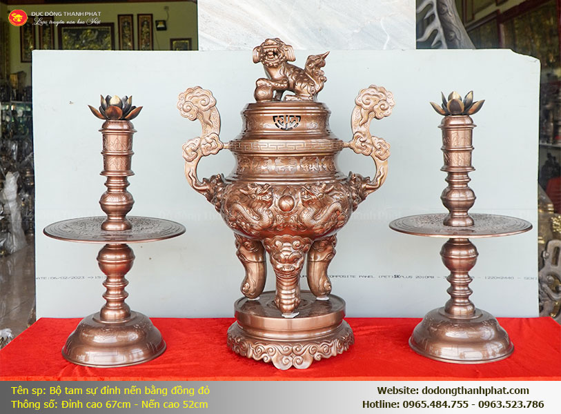 Bộ tam sự đỉnh nến song long bằng đồng đỏ cao 67cm