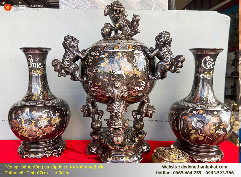 Đôi lọ củ tỏi khảm ngũ sắc bằng đồng nồi hè dáng chuẩn phong thủy chiêu tài giữ của