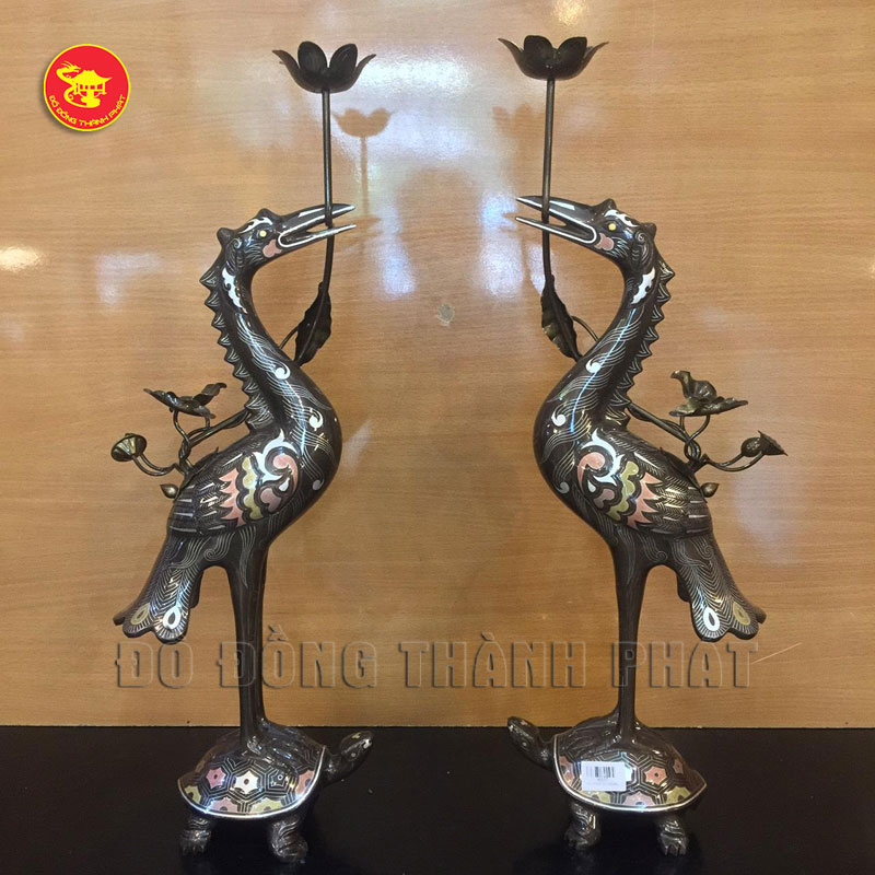 Đôi Hạc thờ cúng bằng đồng khảm tam khí cao 50 cm