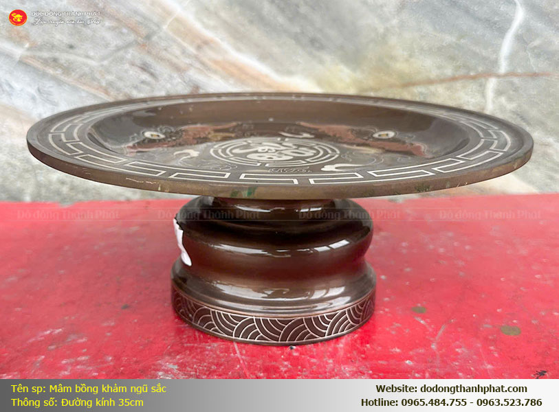 Mâm bồng đồng đỏ nồi hè khảm ngũ sắc cao cấp Đồ Đồng Thành Phát dày dặn và vững chãi