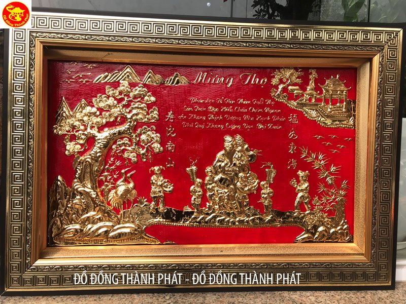 Bức tranh đồng khung triện mừng thọ ông bà mạ vàng 24 k