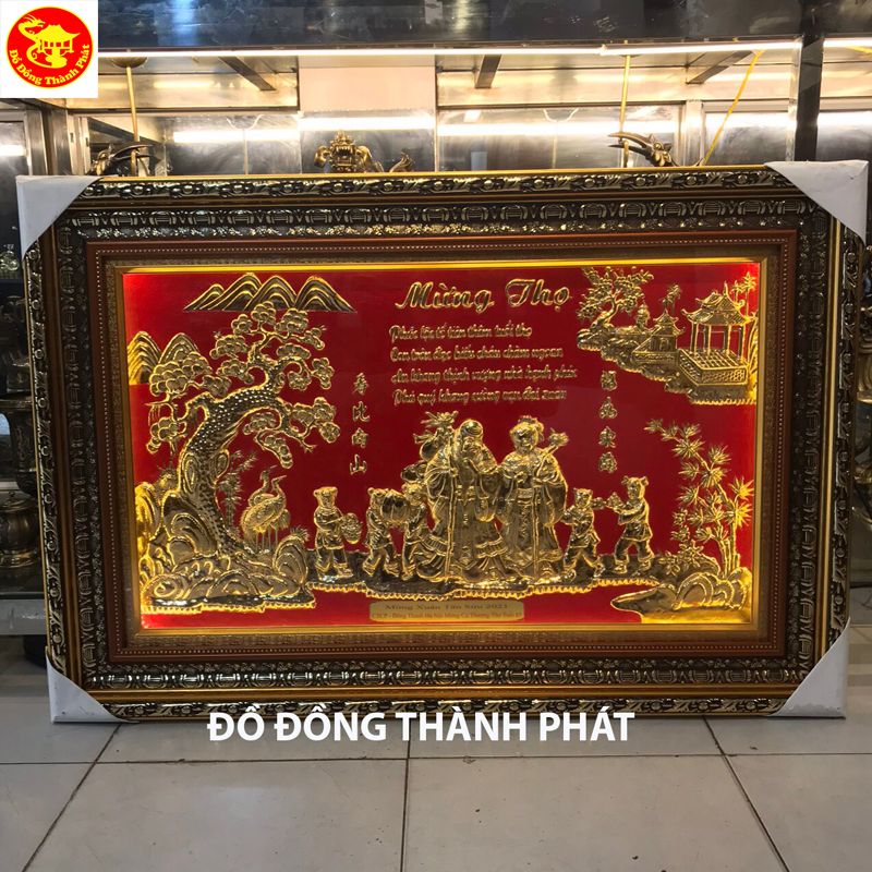 Bức tranh đồng khung triện mừng thọ cụ bà mạ vàng 24 k