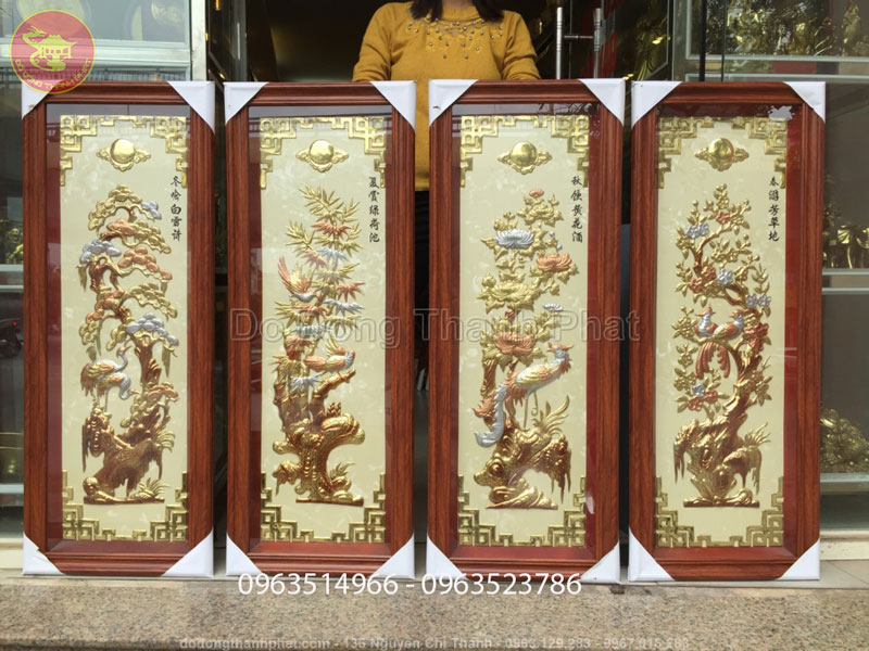 bộ tranh tứ quý bằng đồng ngũ sắc
