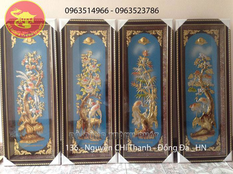 tranh đồng tứ quý nền xanh