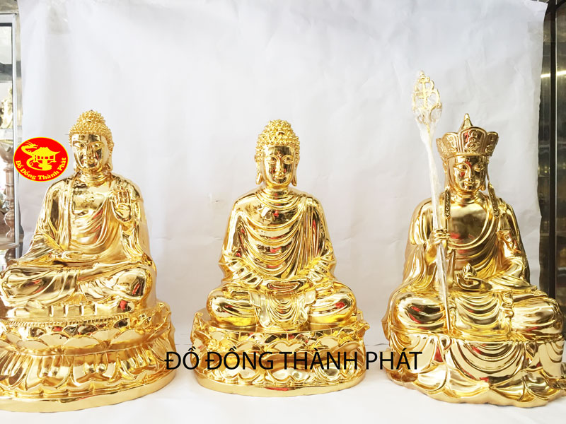 Tượng phật Tam Phật bằng đồng mạ vàng 24k 