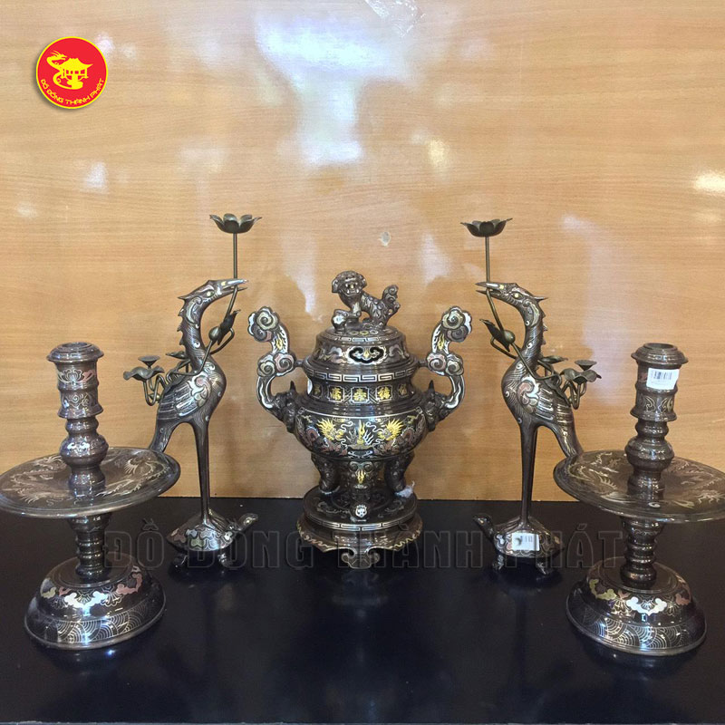 Bộ đồ thờ cúng bằng đồng khảm tam khí cao 45 cm