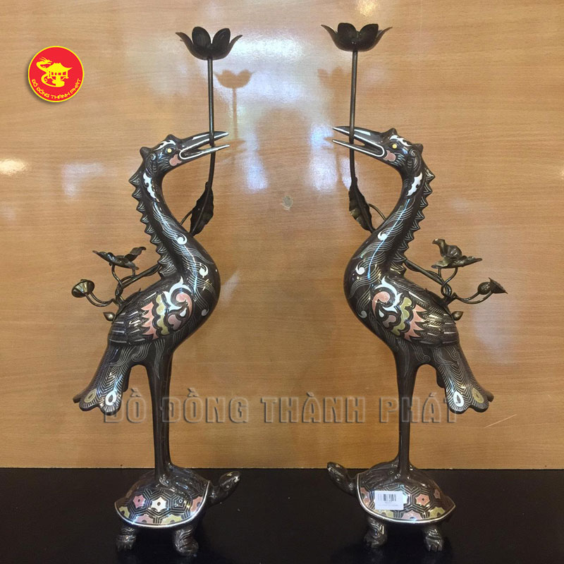 Đôi hạc nến bằng đồng khảm tam khí cao 65 cm