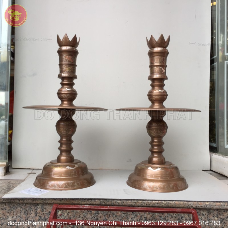 Bộ đồ thờ cúng bằng đồng tam sự đỉnh nến khảm ngũ sắc 1 chữ vàng 70cm