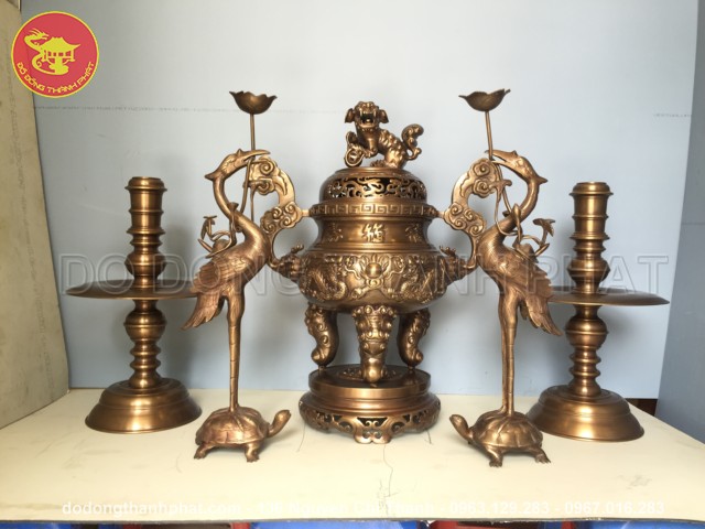 Bộ đồ thờ cúng bằng đồng ngũ sự long phụng giả cổ đồng hun cao 50 cm