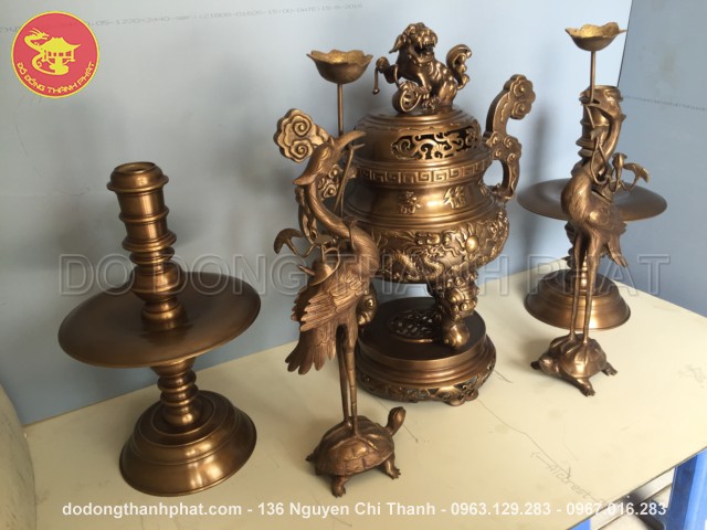 Bộ đồ thờ cúng bằng đồng ngũ sự long phụng giả cổ đồng hun cao 50 cm