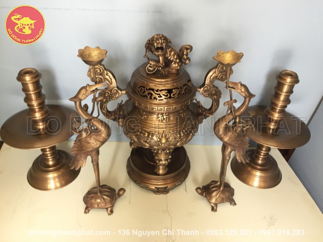 Bộ đồ thờ cúng bằng đồng ngũ sự long phụng giả cổ đồng hun cao 50 cm