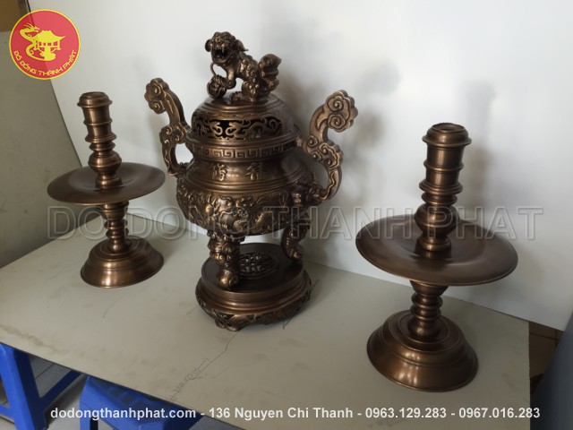 Bộ đồ thờ cúng bằng đồng tam sự đỉnh nến long phụng giả cổ đồng hun cao 50 cm