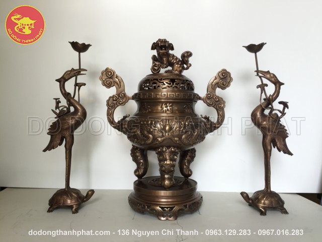 Bộ đồ thờ bằng đồng tam sự đỉnh hạc long phụng giả cổ đồng hun cao 50 cm