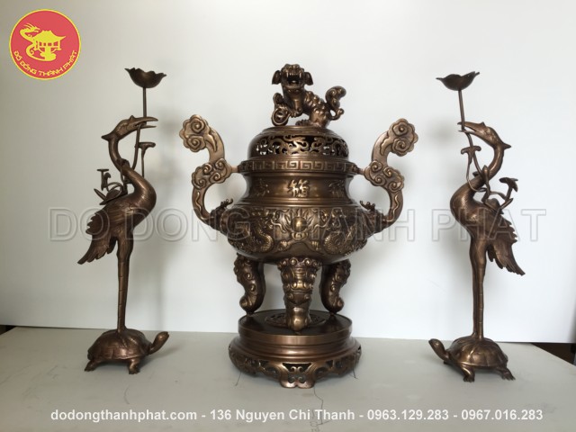 Bộ đồ thờ bằng đồng tam sự đỉnh hạc long phụng giả cổ đồng hun cao 50 cm