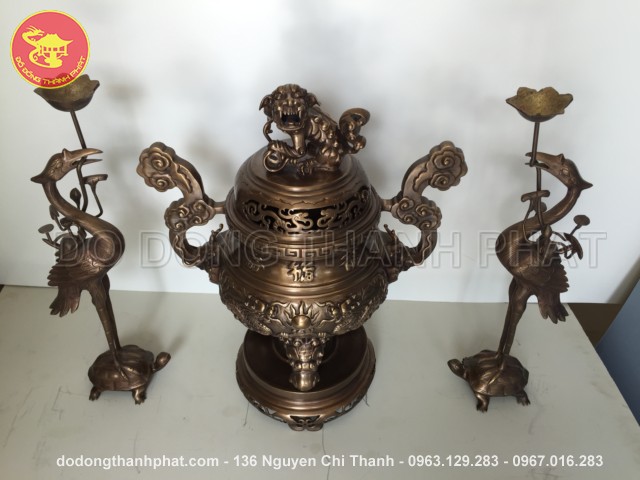 Bộ đồ thờ bằng đồng tam sự đỉnh hạc long phụng giả cổ đồng hun cao 50 cm