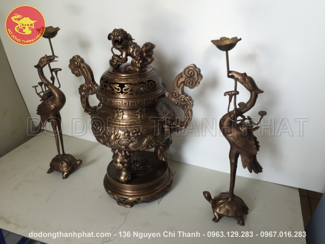 Bộ đồ thờ bằng đồng tam sự đỉnh hạc long phụng giả cổ đồng hun cao 50 cm