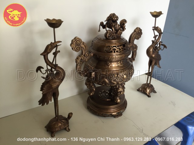 Bộ đồ thờ bằng đồng tam sự đỉnh hạc long phụng giả cổ đồng hun cao 50 cm