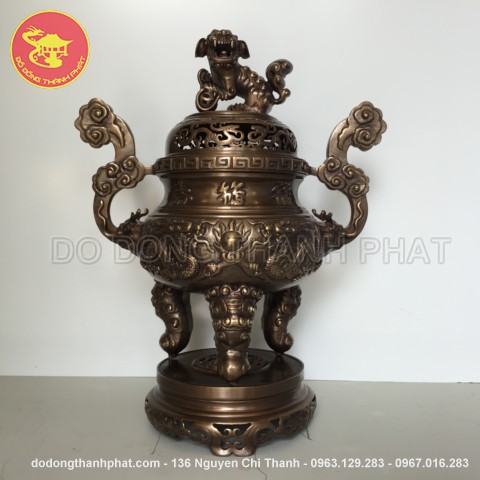 Bộ đồ thờ bằng đồng tam sự đỉnh hạc long phụng giả cổ đồng hun cao 50 cm