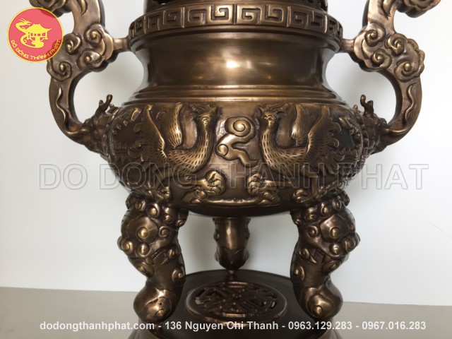 Bộ đồ thờ bằng đồng tam sự đỉnh hạc long phụng giả cổ đồng hun cao 50 cm