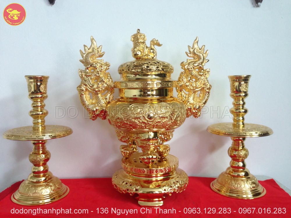 Bộ ngũ sự bằng đồng mạ vàng 24k cao 56 cm