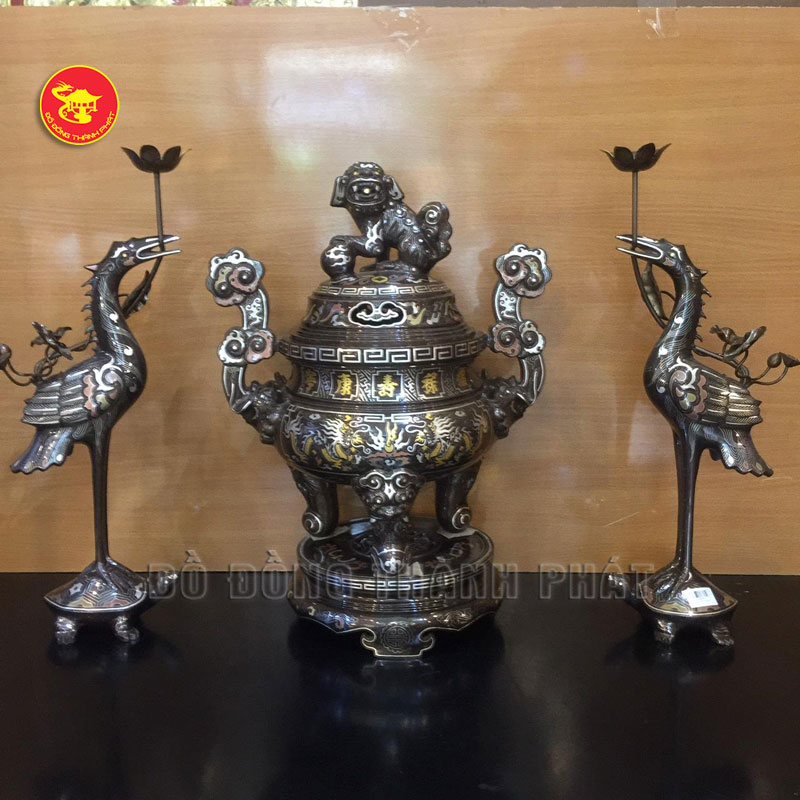 Bộ tam sự Hạc thờ cúng bằng đồng khảm tam khí cao 55 cm