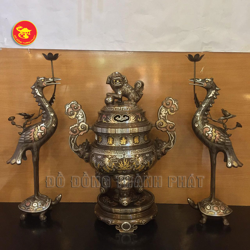 Bộ tam sự Hạc thờ cúng bằng đồng khảm tam khí cao 65 cm