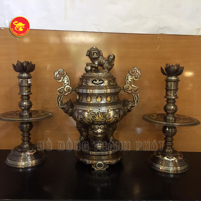 Bộ tam sự nến bằng đồng khảm tam khí cao 65 cm