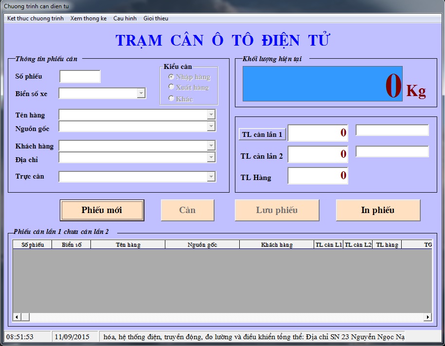Giao diện chính phần mềm cân điện tử