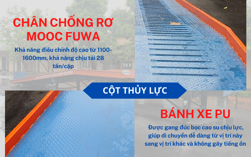 Chân chống FUWA cho khả năng chịu tác động lực cao, bánh xe PU hỗ trợ di chuyển cầu xe nâng dễ dàng.