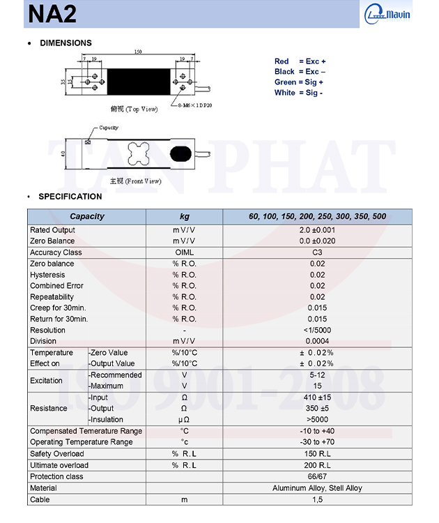 Datasheet /Catalogue Loadcell Mavin NA2