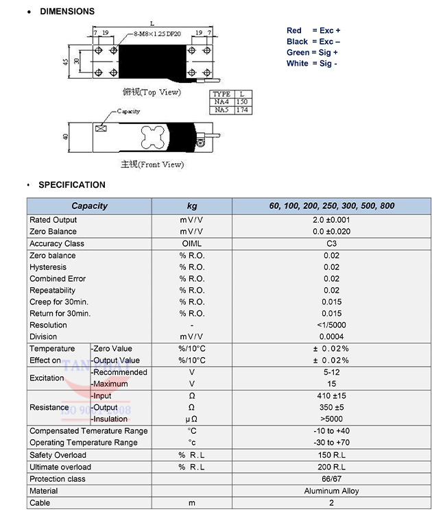 Bản vẽ cấu tạo chi tiết loadcell mavin na4