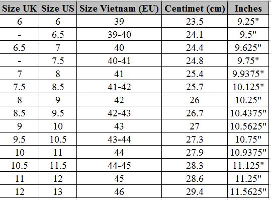 bảng chuyển đổi size giày nam