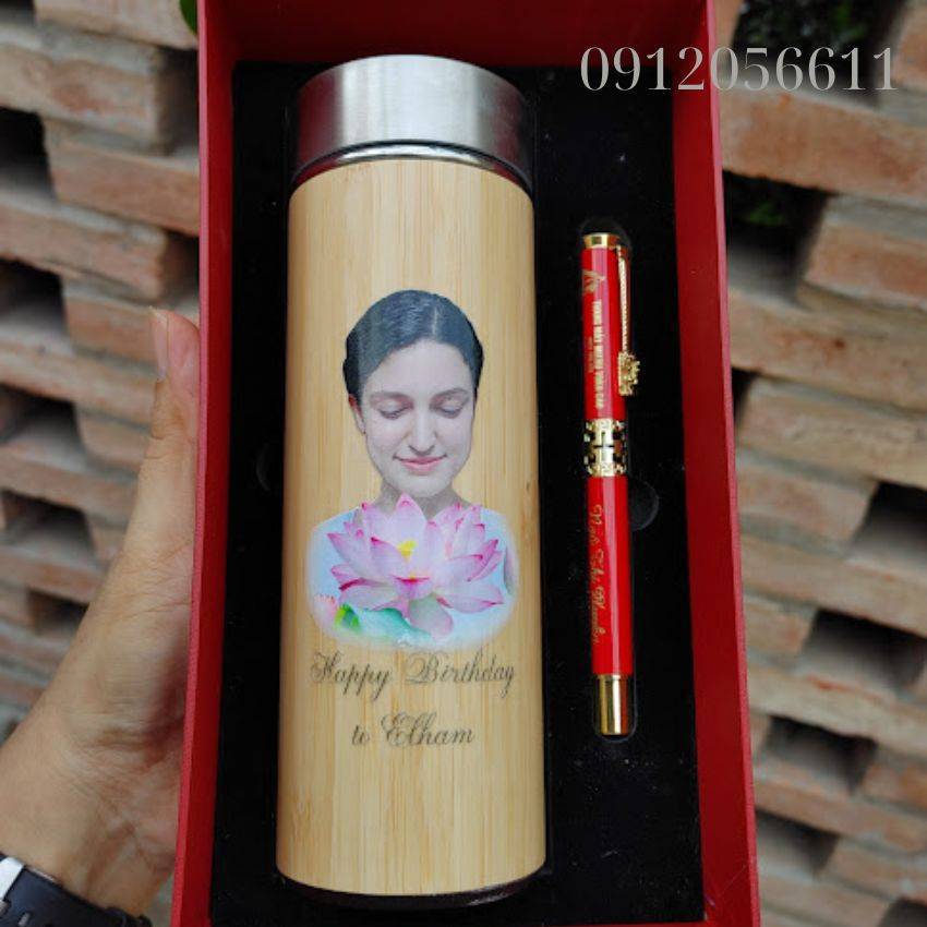 Set Bình giữ nhiệt tre - Bút ký - Quà tặng cá nhân hoá - In khắc hình
