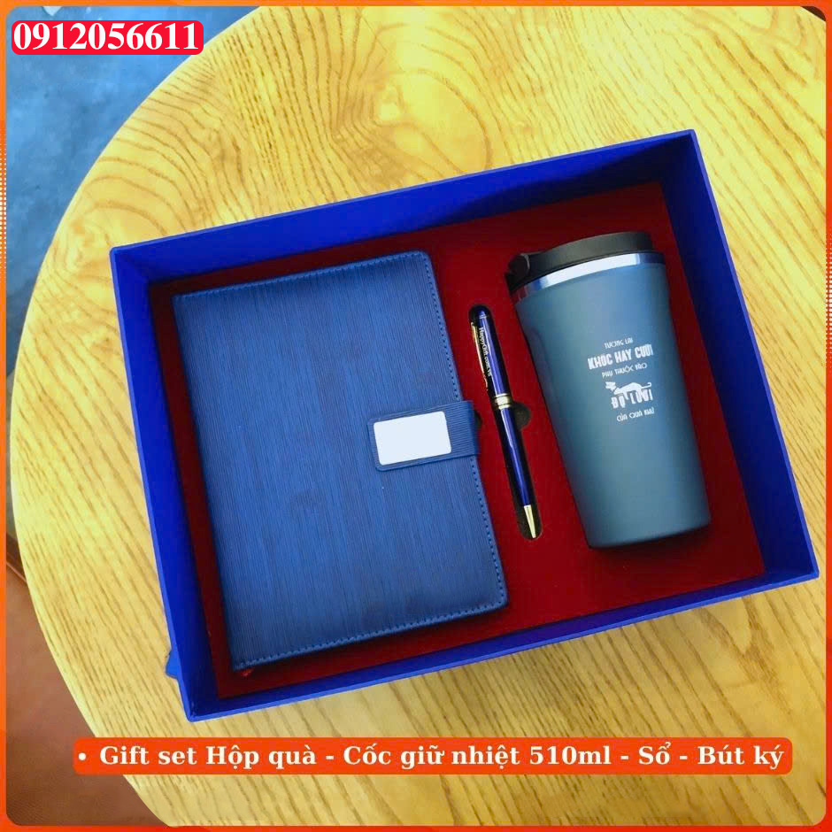 set sổ da bút ký bình giữ nhiệt khắc laser