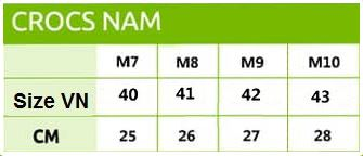 Bảng size giầy Crocs nam
