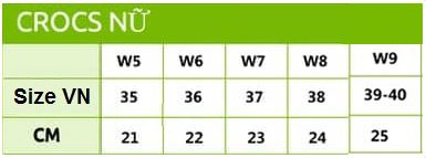 Bảng size giầy Crocs nữ