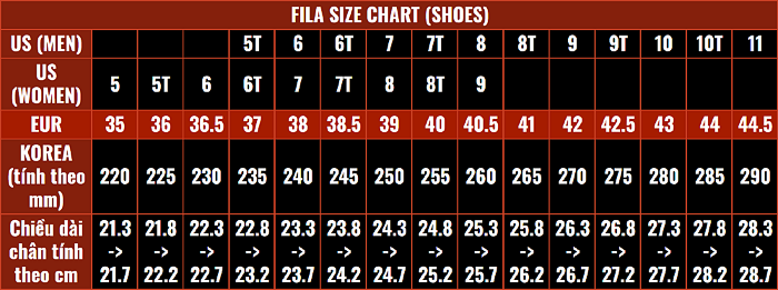 Bảng size giầy Fila