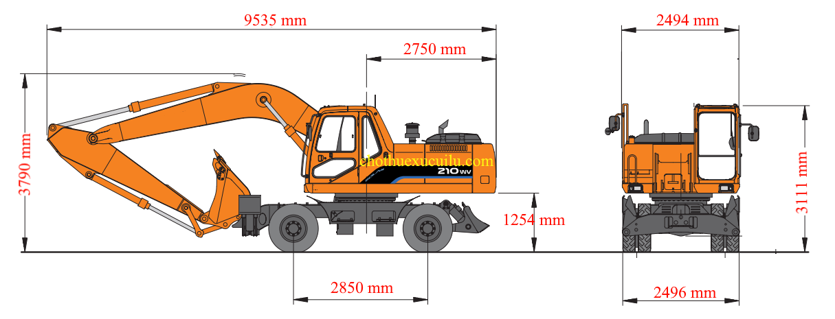 Cho thuê máy xúc lốp 210WV với kích thước