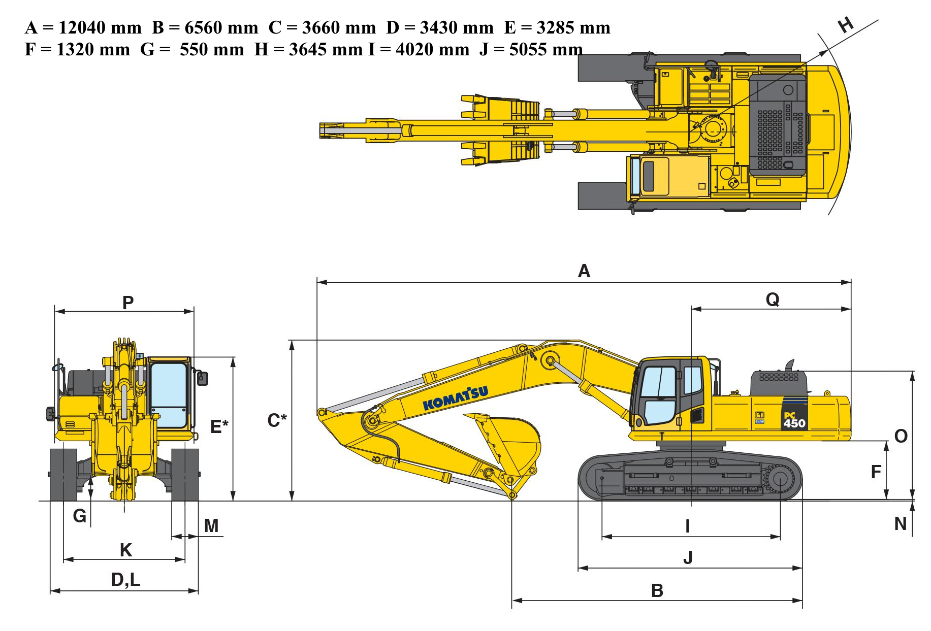 Cho thuê máy xúc đào bánh xích 450 với kích thước