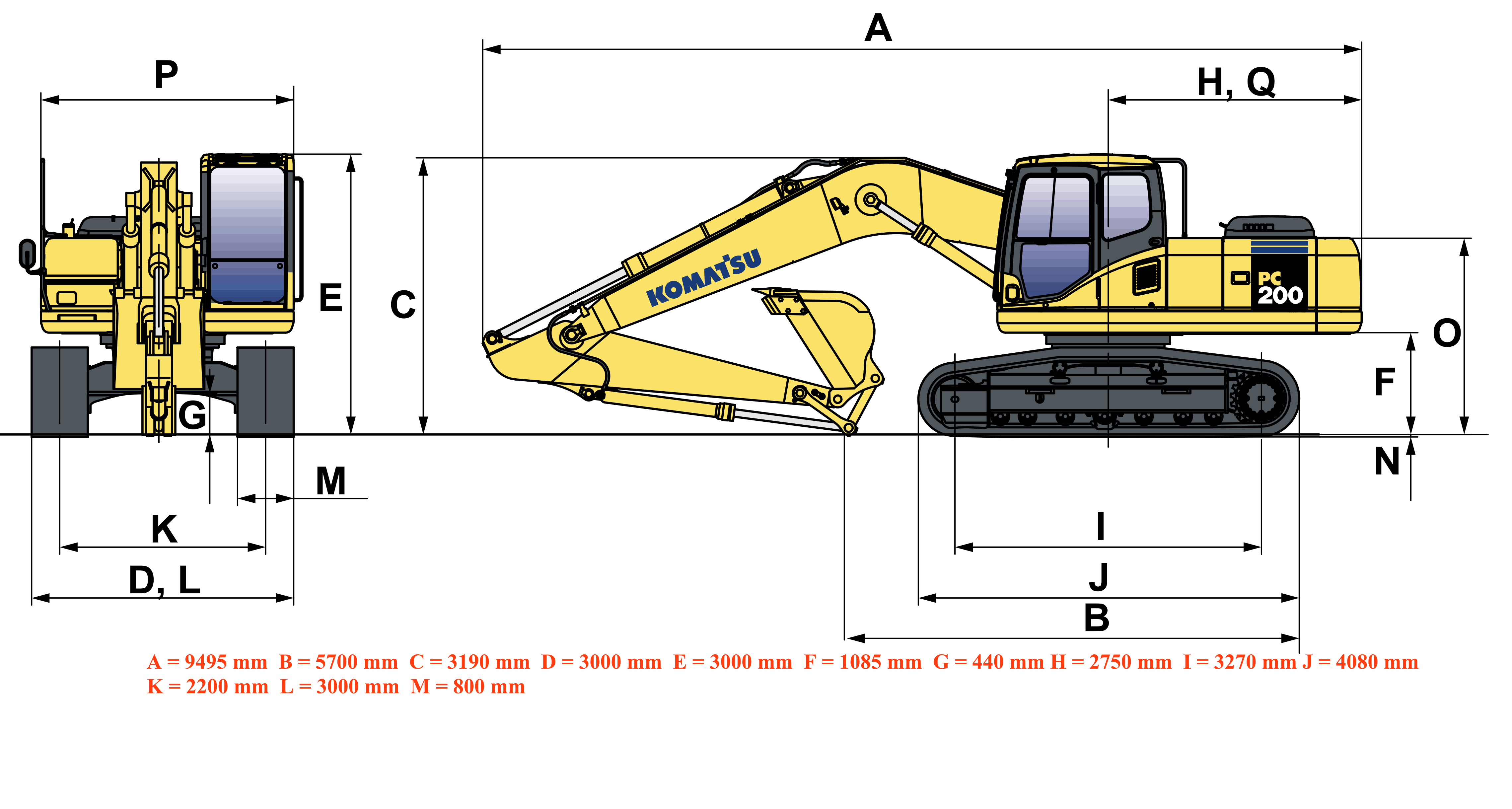 Cho thuê máy xúc đào 200 - 7 với kích thước
