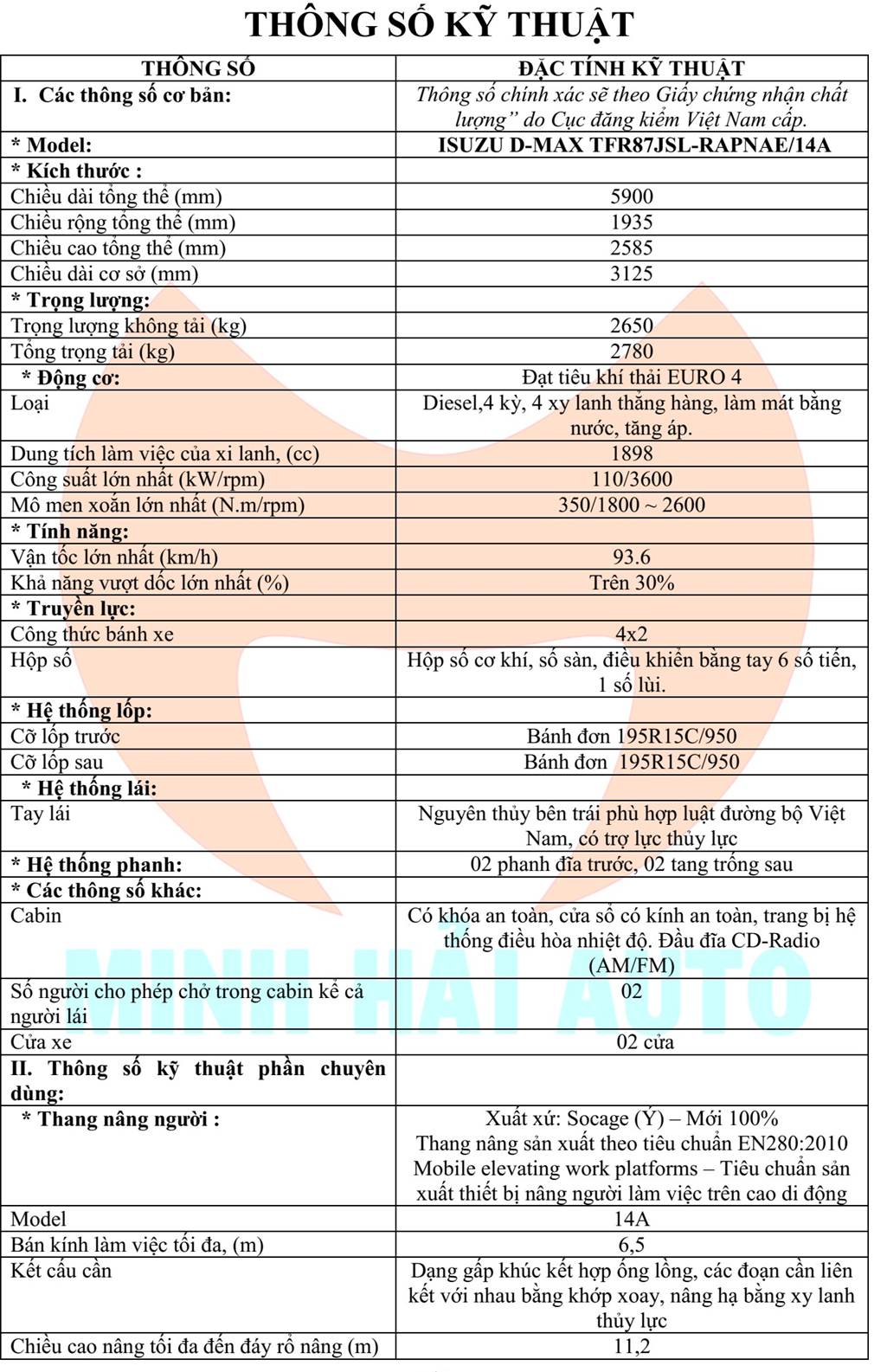 Thông số kỹ thuật ô tô nâng nâng người 14A