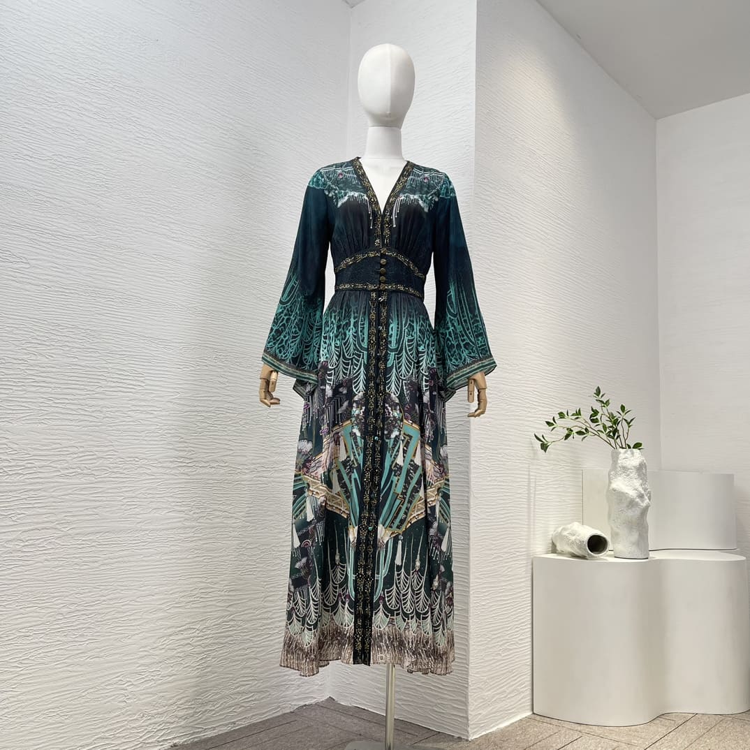 VÁY CAMILLA WorldCloset Peacock Blue Exotic Style Vintage Midi Dress High Classy