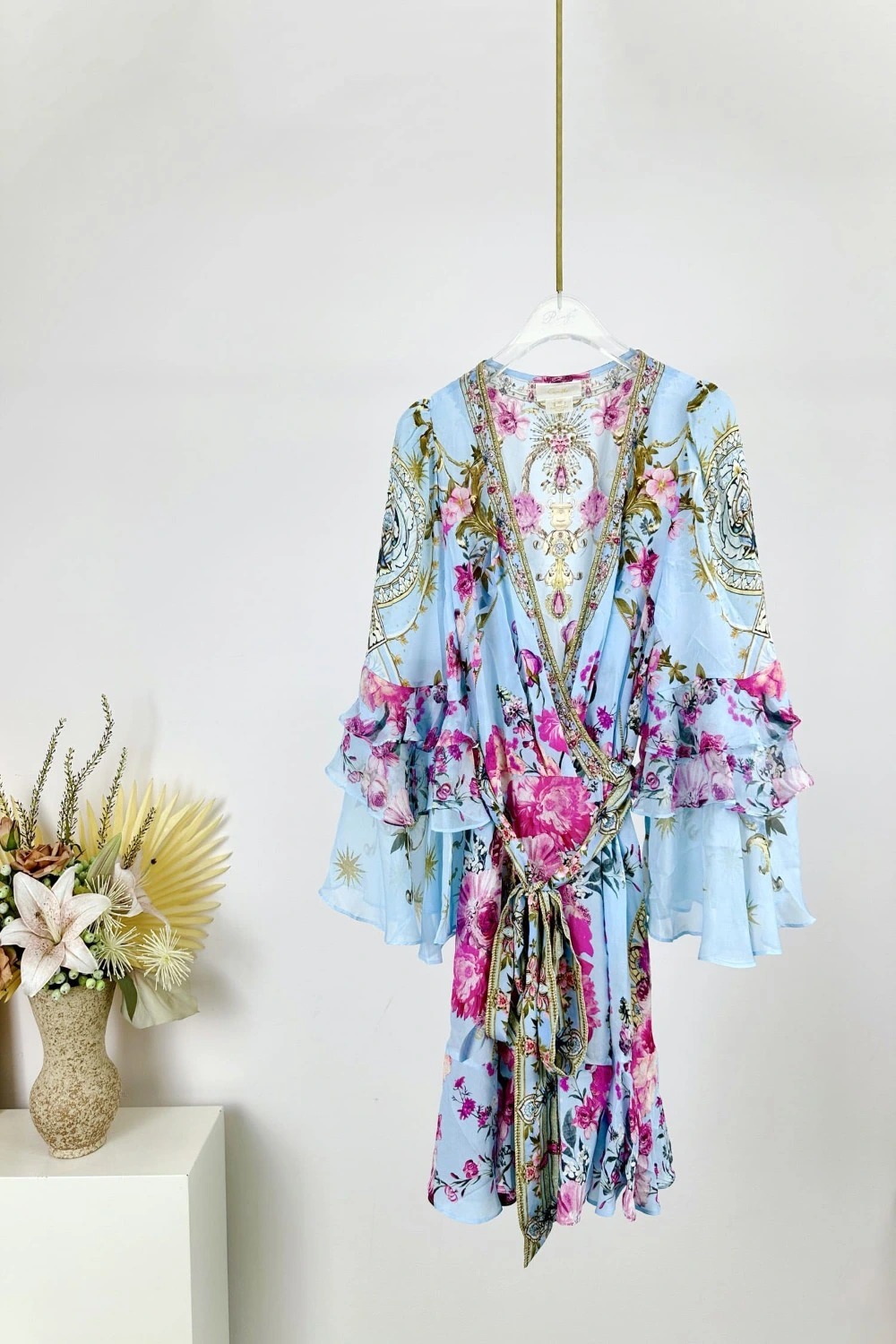 VÁY CAMILLA Silk Mini Cardigan Embellished V-Neck Mid Dress High Classy