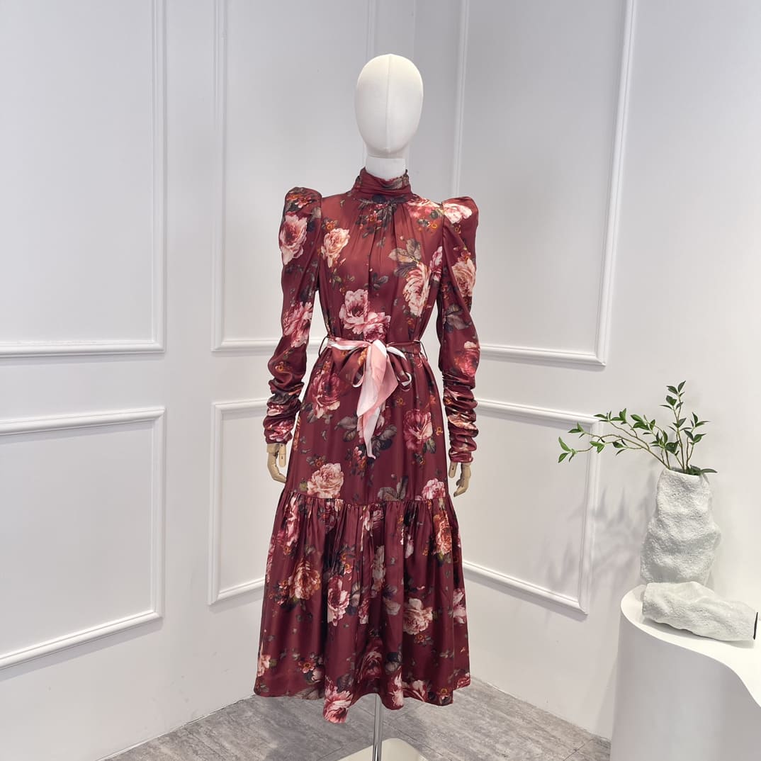 VÁY ZIMMERMANN Pink Rose Print Red Midi Dress with belt High Classy