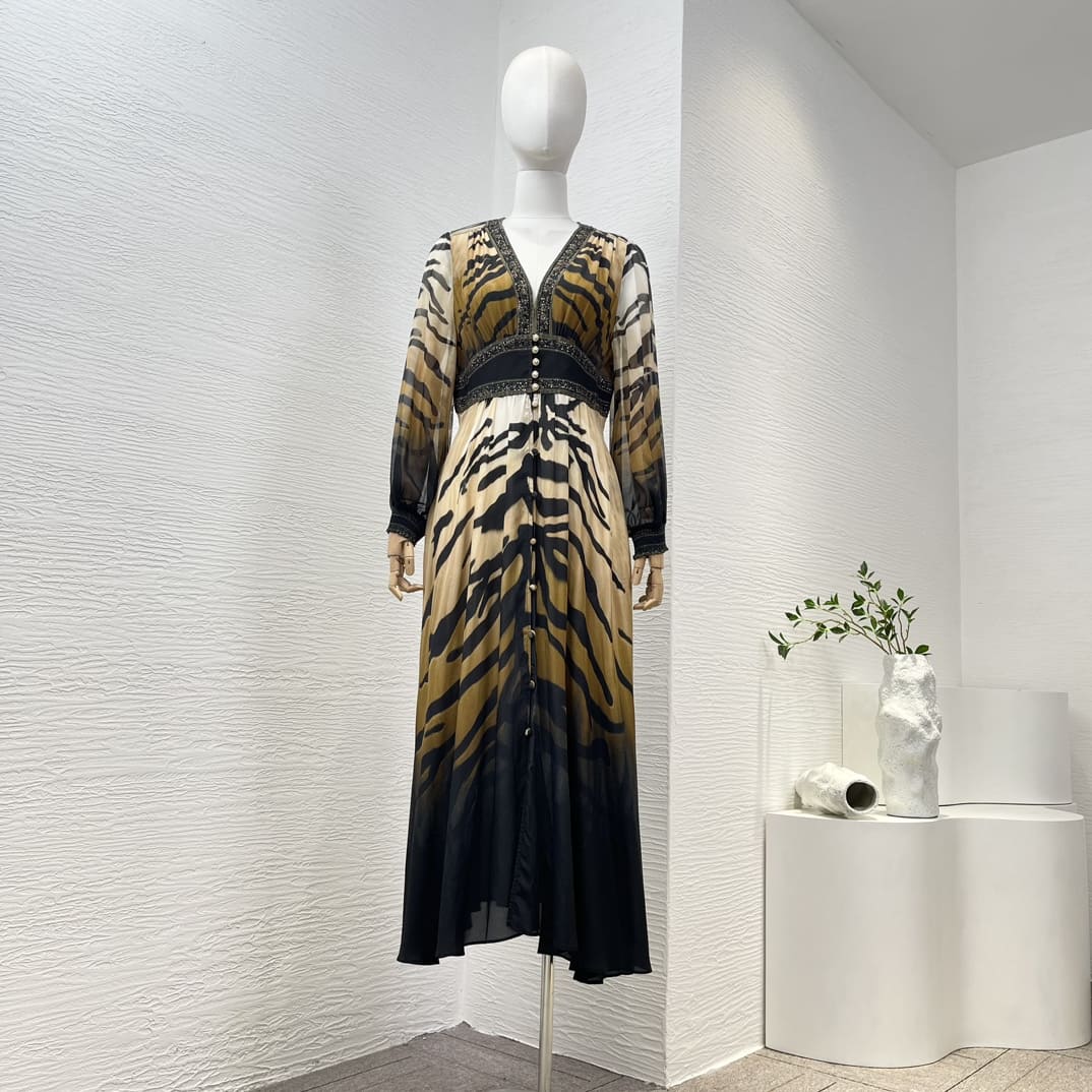 VÁY CAMILLA Worldcloset Tiger Skin Print Long Sleeve Big Size Midi Dress High Classy
